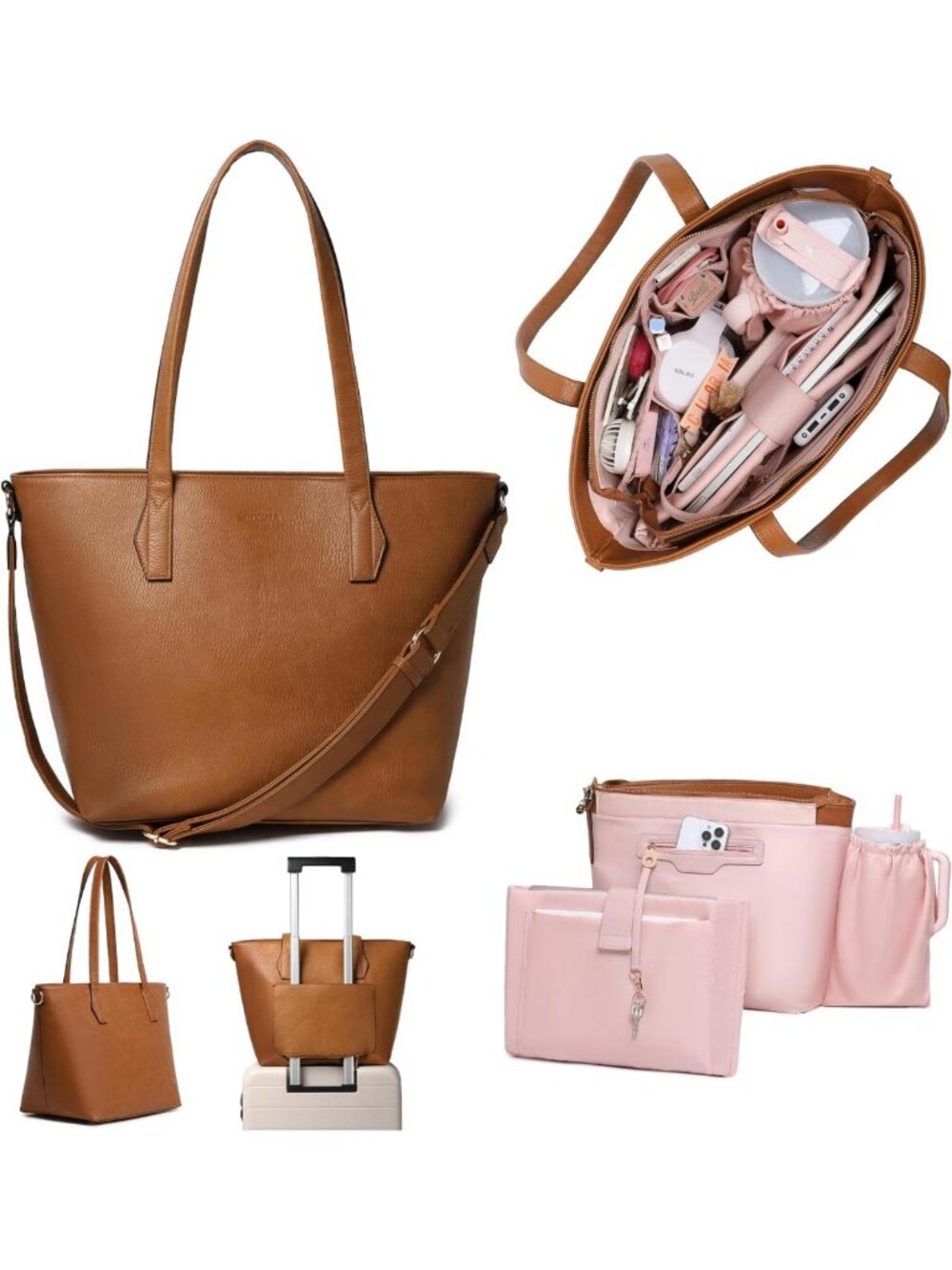 Stylish Vegan Leather 16” Laptop Tote Bag with Cupholder, RFID & Anti-Pickpocket